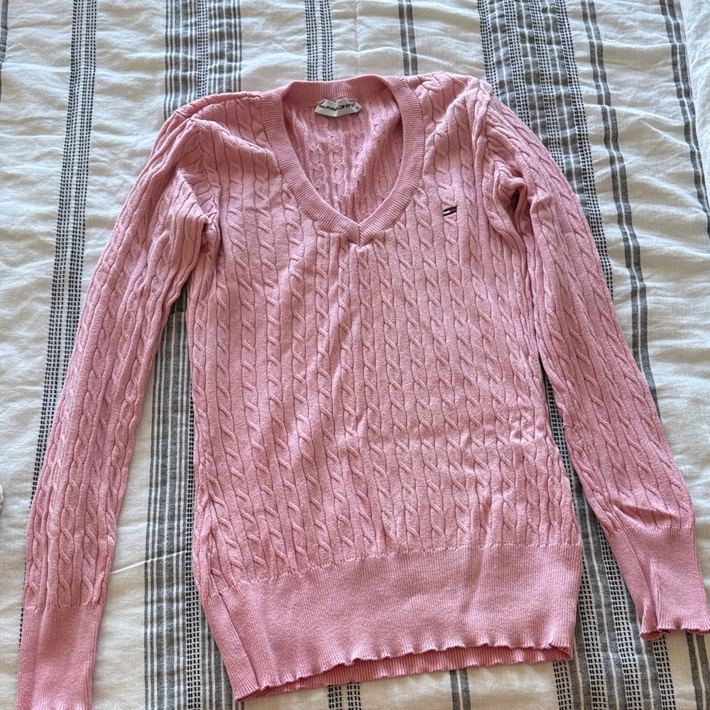 Pink Cable Knit V-Neck Sweater